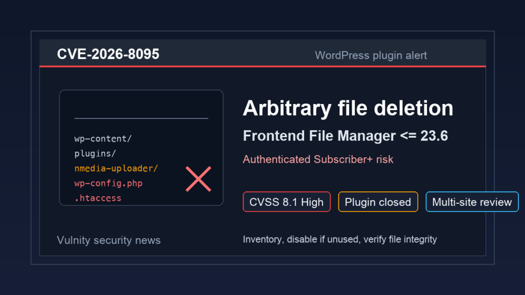 Alerta CVE-2026-8095 en Frontend File Manager para WordPress