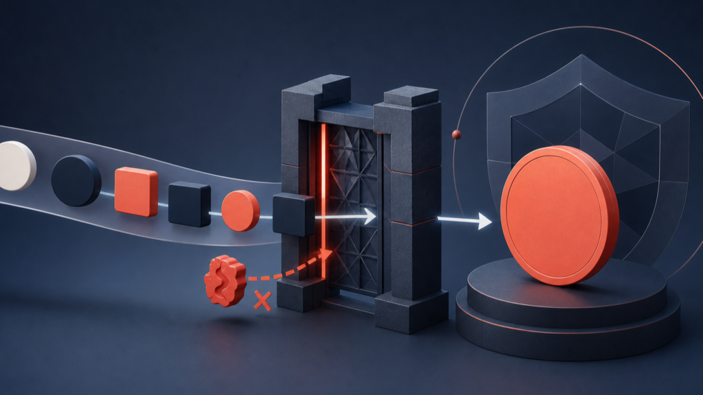 Opciones de un formulario atraviesan una puerta de validación antes de convertirse en un total protegido.