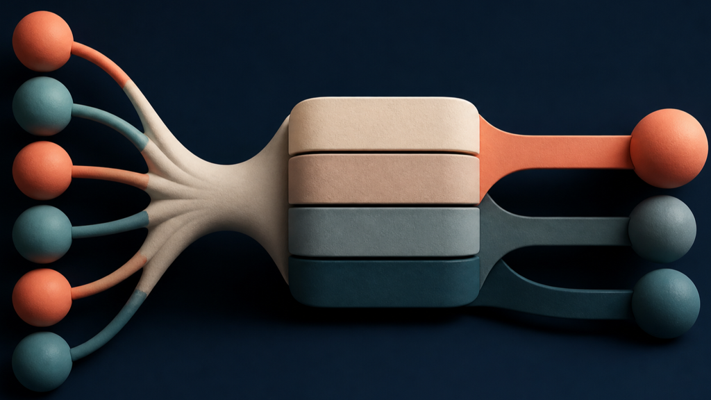 Six portfolio inputs converge through four operating layers before branching into distinct platform choices.